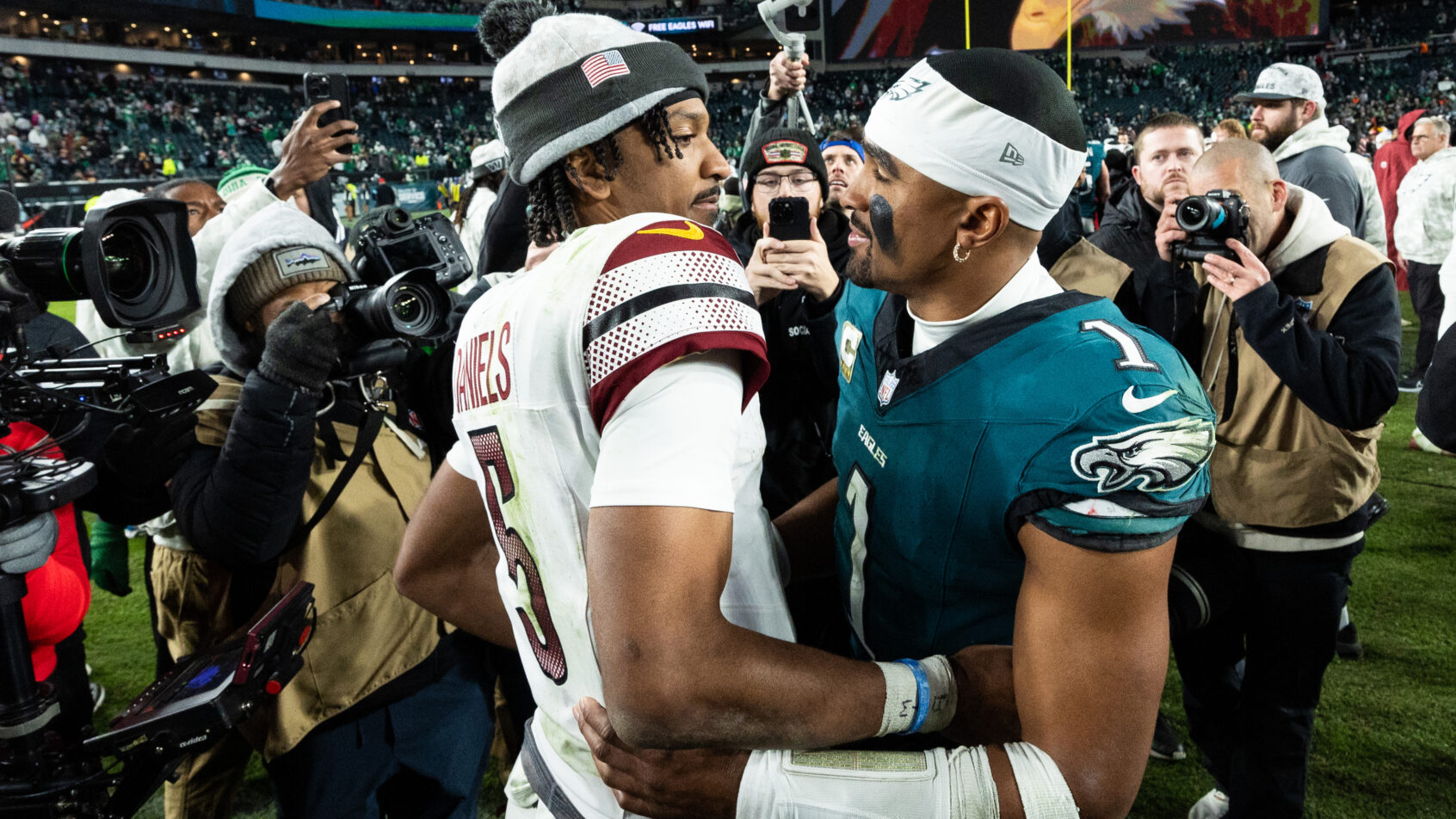 Philadelphia Eagles quarterback Jalen Hurts and Washington Commanders quarterback Jayden Daniels