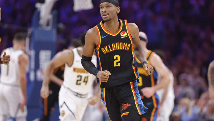 Shai Gilgeous-Alexander reacts after scoring versus the Nuggets.