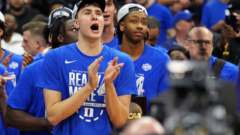 Cooper Flagg celebrates Duke advancing to the Final Four.