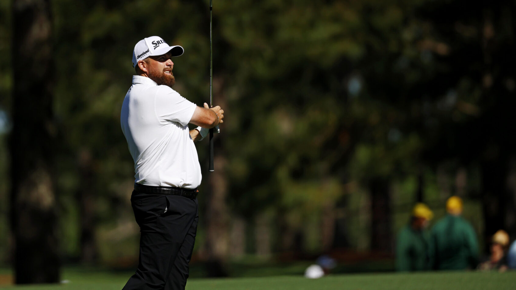 Shane Lowry admires a shot during a practice round at the Masters.