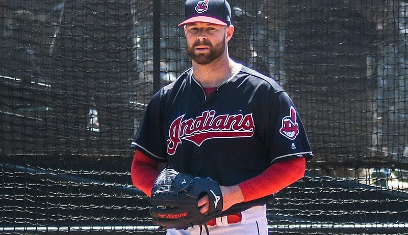Corey Kluber warming up for the Cleveland Indians.