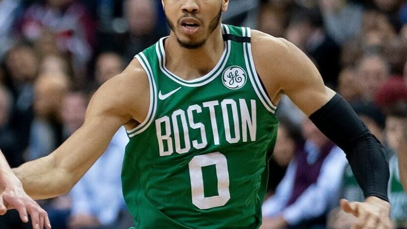 Jayson Tatum of the Boston Celtics running back on defense