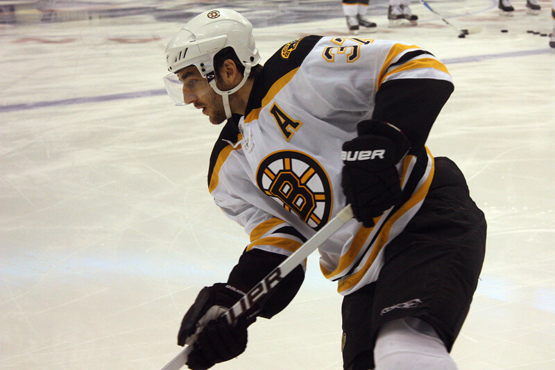 Patrice Bergeron of the Boston Bruins during warmup.