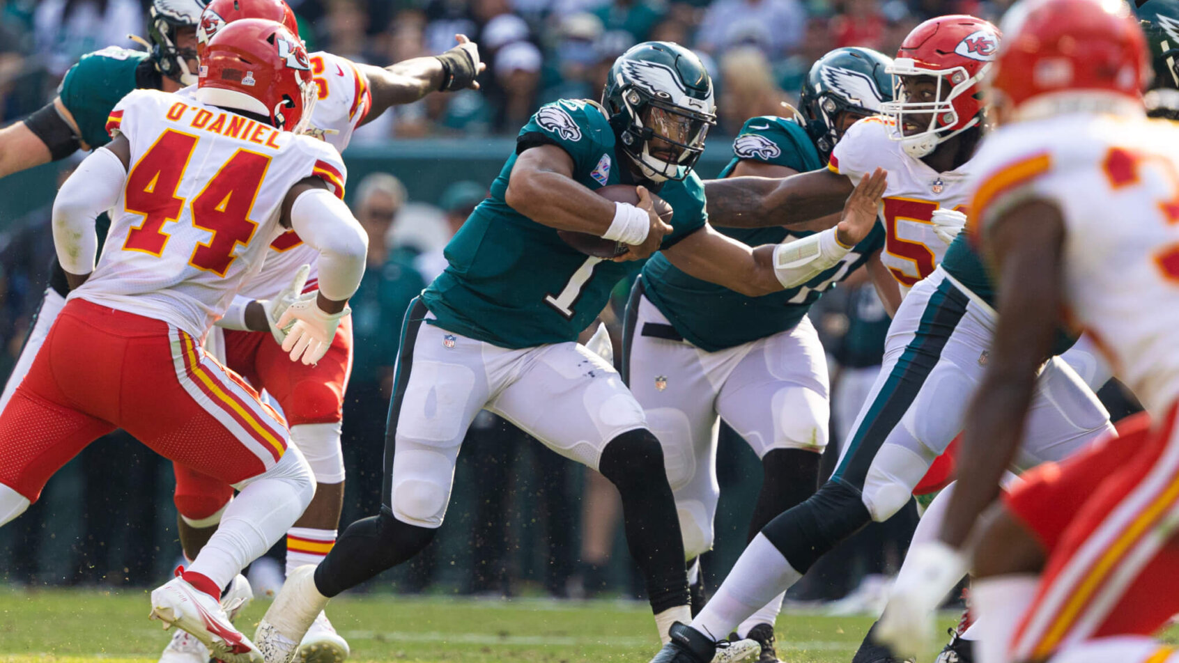 Jalen Hurts rushes versus the Chiefs. Chiefs vs Eagles public betting splits