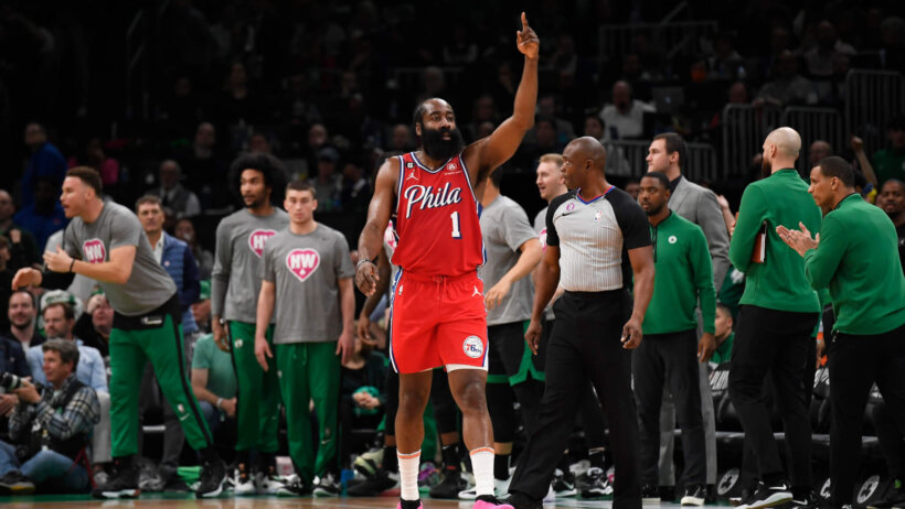 James Harden pointing up