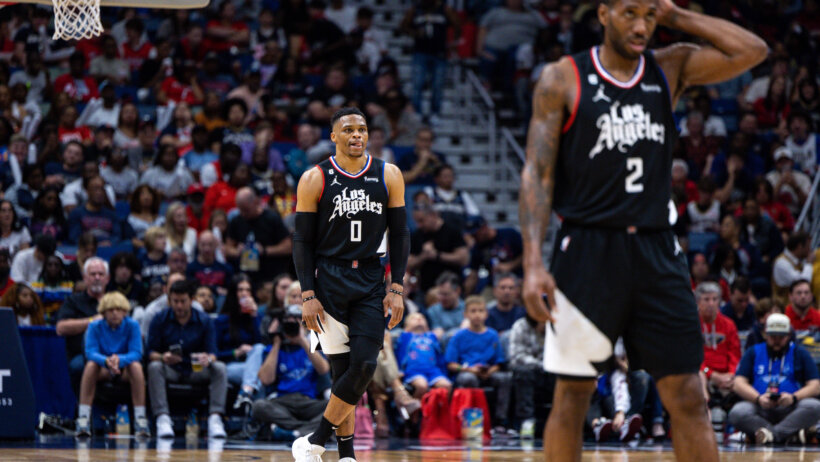 LA Clippers guard Russell Westbrook and forward Kawhi Leonard looking dejected