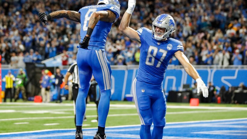 Detroit Lions tight end Sam LaPorta celebrates a touchdown