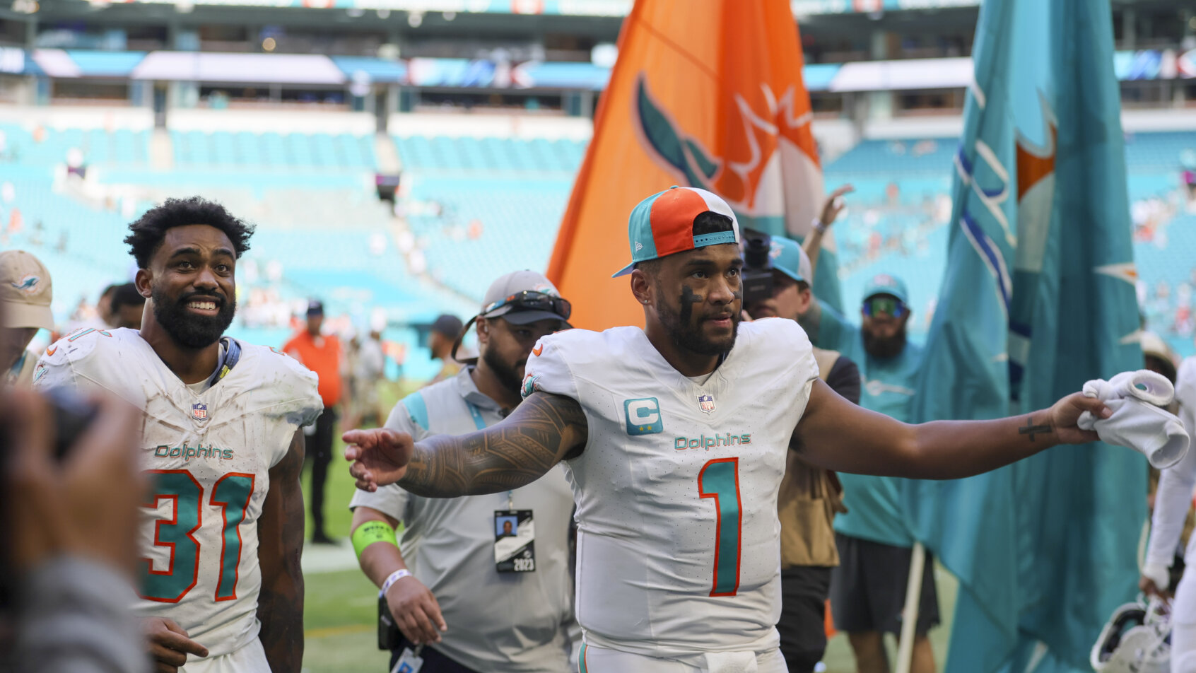 Miami Dolphins quarterback Tua Tagovailoa (1) reacts after the game against the Carolina Panthers