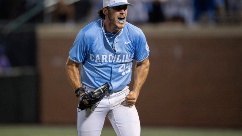 North Carolina Tar Heels pitcher Heels Dalton Pence celebrating a win